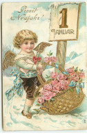 Carte Gaufrée - Nouvel An - Prosit Neujahr - Ange Portant Des Roses Dans Un Panier - Anno Nuovo