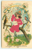 Carte Gaufrée - Gage D'Affection - Jeune Fille Sur Une Branche, Faisant Chanté Des Oiseaux (robe En Tissu) - Other & Unclassified