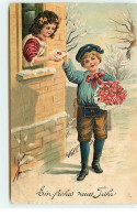 Carte Gaufrée - Ein Frohes Neues Jahr - Garçon Apportant Une Lettre Et Un Bouquet De Roses - New Year