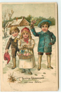 Carte Gaufrée - Herzlichen Glückwunsch Zum Neuen Jahre - Enfants Avec Des Fleurs Dans La Neige - New Year