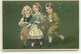 Carte Gaufrée - Nouvel An - Heureuse Année - Enfants Portant Des Myosotis - Neujahr