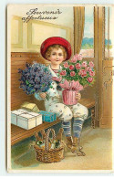 Fantaisie - Souvenir Affectueux - Garçon Apportant Des Fleurs, Des Cadeaux Et Un Panier Rempli De Bouteille - Autres & Non Classés