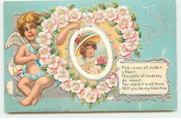 Carte Gaufrée - To My Valentine - Ange Près D'un Coeur De Fleurs, Au Milieu Un Portrait D'une Femme - Saint-Valentin
