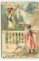 Carte Gaufrée - Fröhliche Ostern - Fillette Tenant Un Mouton Regardant Une Jeune Femme Tenant Un Lièvre - Pasen