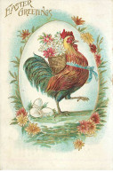 Carte Gaufrée - Easter Greetings - Coq Portant Une Hotte Remplie D'oeufs - Pâques