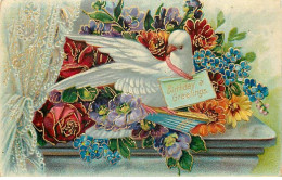 Carte Gaufrée - Birthday Greetings - Colombe Au Milieu De Fleurs - Anniversaire
