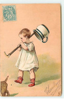 Carte Gaufrée - Bébé Portant à L'aide D'une Canne Un Pot De Chambre Et D'un Chien - Baby's