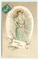 Carte Gaufrée - Joyeuses Pâques - Jeune Femme Portant Dans Une Hotte Des Branches De Coton - Pâques