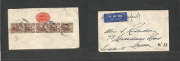 MALAYSIA. 1935 (11 Apr) FMS Kuantan - London, England. Air Reverse Multifkd Envelope + Red Comercial Printed Cachet. VF. - Malesia (1964-...)