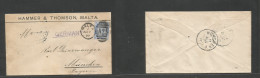 BC - Malta. 1897 (Aug 7) GPO - Germany, Munich (11 Aug) Single 2 1/2d Blue QV Comercial Fkd Env, Tied A26 Cds. Fine. - Otros & Sin Clasificación