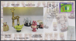 Inde India 2003 Special Cover Schoolpex Stamp Exhibition, Toys, Children, Toy, Giraffe, Elephant, Pictorial Postmark - Cartas & Documentos