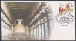 Inde India 2002 Special Cover Punepex Stamp Exhibition, Karla Caves, Buddhist Rock-cut Cave, Buddhism, Sculpture, Art - Storia Postale