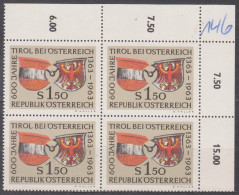 1963 (1) , 600 Jahre Zugehörigkeit Tirols Zu Österreich ( Mi.Nr.: 1133 ) 4-er Block Postfrisch ** - Nuovi