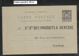 Entier Postal Repiqué Type Sage G 38 L3 - Overprinter Postcards (before 1995)