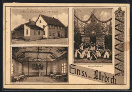 AK Urbich, Gasthaus-Fleischerei O. Knauf Mit Tanzsaal, Kriegerdenkmal  - Other & Unclassified