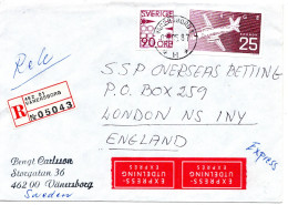 79043 - Schweden - 1987 - 25Kr Flugzeug MiF A R-EilBf VANERSBORG > Grossbritannien - Briefe U. Dokumente