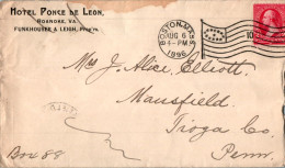 US Cover 2c 1896 Boston Hotel Ponce De Leon Roanoke  For Mansfield Tioga Penn - Covers & Documents