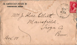 US Cover 2c 1893 American House Amesbury Mass For Mansfield Tioga Penn - Brieven En Documenten