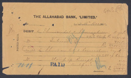 Inde British India 1915 The Allahabad Bank Debit Reciept, One Anna King George V Revenue Stamp - 1911-35 Roi Georges V