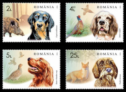 ROMANIA 2024 DOGS - HUNTING DOGS - WILD PIG, FOX, PHEASANT  Set Of 4 Stamps MNH** - Chiens