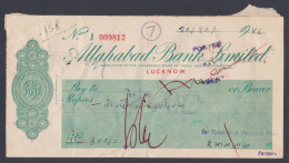 Inde British India 1956 The Allahabad Bank Check, Cheque - Brieven En Documenten