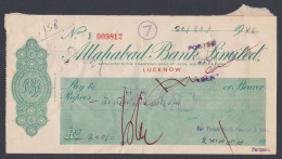 Inde British India 1956 The Allahabad Bank Check, Cheque - Storia Postale