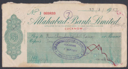 Inde British India 1957 The Allahabad Bank Check, Cheque - Covers & Documents