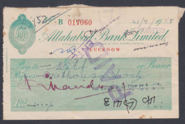 Inde British India 1955 The Allahabad Bank Check, Cheque - Brieven En Documenten