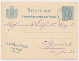 Briefkaart G. 17 / 20 A-krt. Venlo - Ipswich GB/ UK 1880  - Material Postal