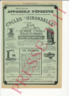 Publicité 1911Cycles Hirondelle Epreuves Bicyclettes Pédalier Chaînes Vélo Roues Fourches Résistance Matériaux Essais - Werbung