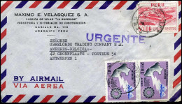 Cover To Antwerp, Belgium - 'URGENTE' - 'Maximo E. Velasquez S.A. Arequipa, Peru' - Perù