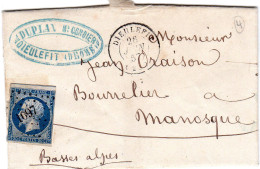 1857  CAD T 15 De DIEULEFIT  P C 1097 Repiquage " DUPLAN " Envoyée à MANOSQUE - 1849-1876: Période Classique