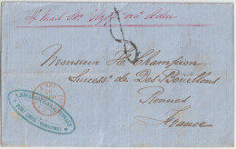 1858 - MAURITIUS - LETTRE SC De PORT LOUIS - ENTREE PAR SUEZ ! Par PAQUEBOT "AZOF" Via ADEN => RENNES - Schiffspost