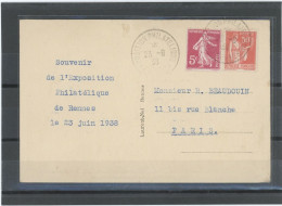 35-RENNES BUREAU TEMPORAIRE -N°278B +N°283 / CP POUR PARIS-Obl CàD TYPE A4 EXPOSITION PHILATELIQUE /RENNES DU 23-6-38 - 1921-1960: Période Moderne