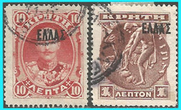 GREECE-GRECE- HELLAS- CRETE 1908:  1l+ 10L Overpr. In Black,  With " ELLAS In Smal Capital Letters"  From Set Used - Creta