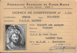 CANOË KAYAK  LICENCE DE COMPETITION  D'une Jeune Femme De Castres  1964 - Andere & Zonder Classificatie