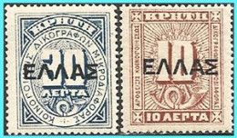 CRETE- GREECE- GRECE- HELLAS 1901: 10+30L With "ΕΛΛΑΣ" In Large Capital Letters (small ΕΛΛΑΣ) Complet Set MNH** - Crete
