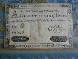 ASSIGNAT DE CINQ LIVRES Créé Le 01 Novembre 1791 - Assignats