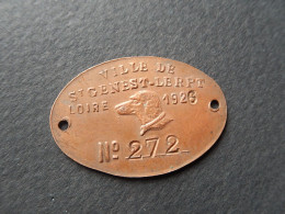 Jeton MEDAILLE TAXE Fiscale Chiens DOG TAX PLATE LICENSE 1926 Loire Saint Genest Lerpt - Monétaires / De Nécessité