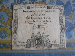 ASSIGNAT DE QUINZE SOLS AN 2 DE LA REPUBLIQUE Série 1382 - Assignats & Mandats Territoriaux