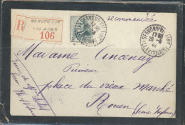 35-SERVON SUR VILAINE -BUREAU DE DISTRIBUTION -N°524 /LSC RECOMMANDÉE POUR ROUEN -CàD TYPE B4 DU 26-8- 42 -TARIF 5-1-42- - 1877-1920: Période Semi Moderne