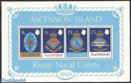 Ascension 1969 Royal Navy Naval Arms (I) S/s, Mint NH, History - Nature - Coat Of Arms - Birds - Fish - Fishes