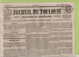 JOURNAL DE TOULOUSE 03 04 1846 - INCENDIE FBG ST CYPRIEN - CARBONNE - POISSON D'AVRIL - MONTAUBAN - POLOGNE - ST ETIENNE - 1800 - 1849