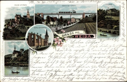 Lithographie Weida In Thüringen, Panorama, Oschützthal Viaduct, Alpenrose, Ruine, Kirche - Autres & Non Classés