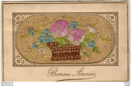 BONNE ANNÉE CARTE FANTAISIE BRODÉE ............ PANIER ROSES MYOSOTIS - Brodées