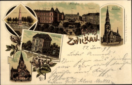 Lithographie Zwickau In Sachsen, Albertplatz, Kriegerdenkmal, Marienkirche, Café Carola - Autres & Non Classés