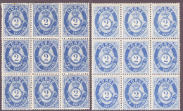 1865 2 Skilling Blau, Zwei Ungebrauchte 9-er Blocks, Je Eine Marke Mit Falz, Die Restlichen 8 Marken Postfrisch - Nuevos