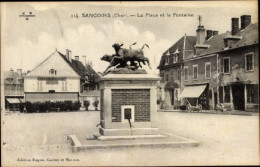 Postcard Sancoins Cher, La Place Et La Fontaine, View Of A Monument, Hotel Joseph - Sancoins