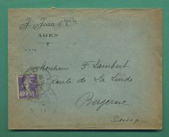 47 Agen Jean J Et Cie Timbre 40 Ct Semeuse  Violet Cachet De La Poste 1929 à Destination De Bergerac - Other & Unclassified