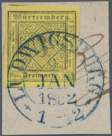 Württemberg - Marken Und Briefe: 1851, 3 Kr. Schwarz Auf Hellgelb, Großer Blauer - Sonstige & Ohne Zuordnung